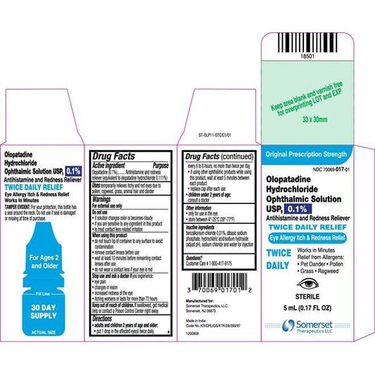 Olopatadine 0.1% ophthalmic solution for allergy relief, shown in a small bottle next to a bubble blowing solution container.