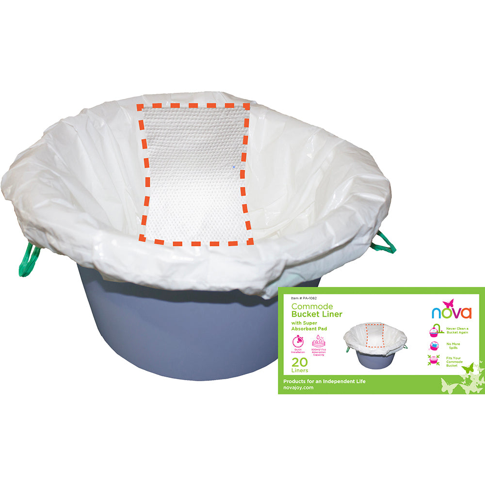 Nova PA-1082 commode bucket liners from Pasteur Pharmacy, 20 per box, suitable for medical or hygienic use.