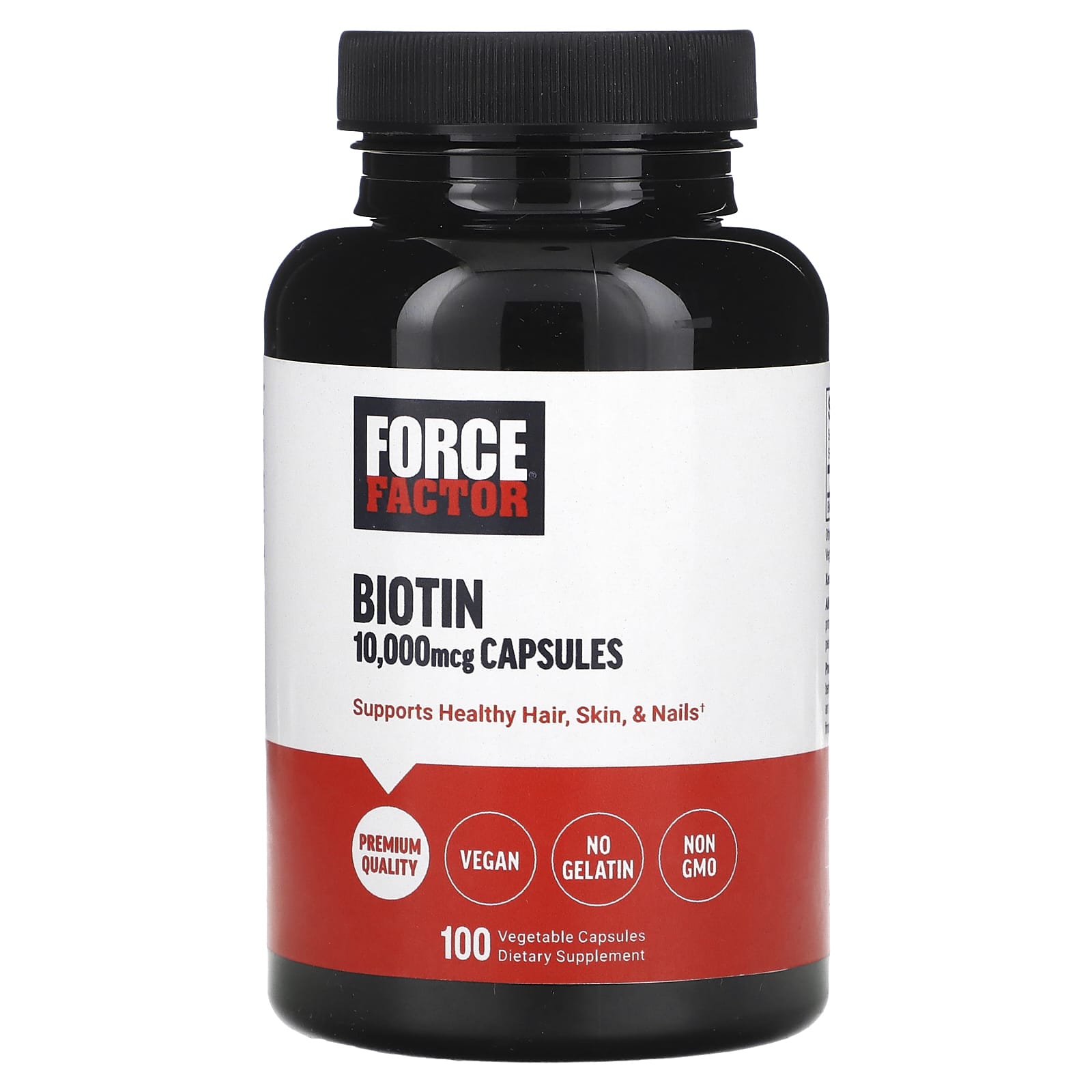 Force Factor Biotin 10,000 mcg building supplement in 100 vegetable capsules, shown in a white bottle with label.