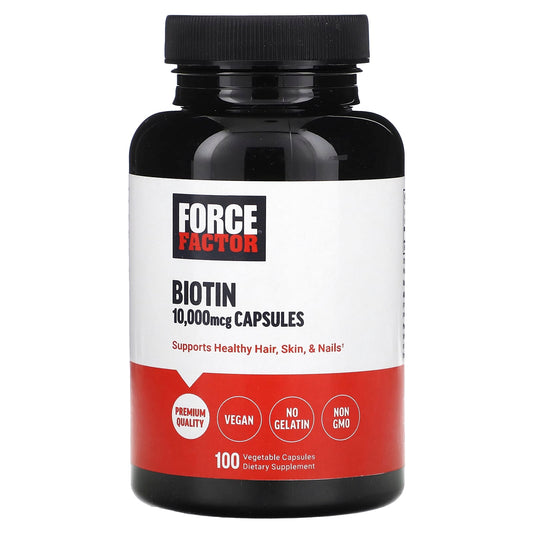 Force Factor Biotin 10,000 mcg building supplement in 100 vegetable capsules, shown in a white bottle with label.