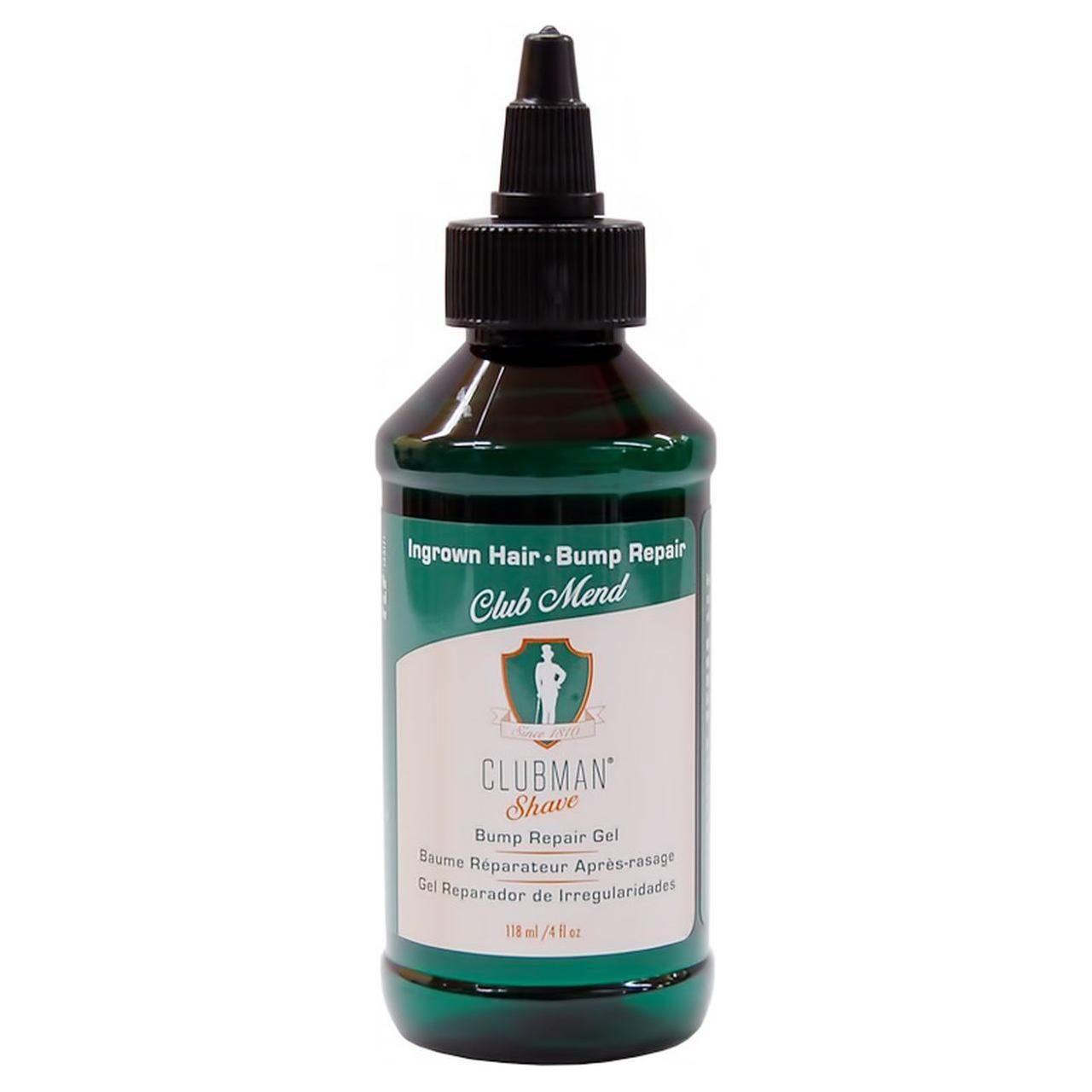 Clubman Club Mend Bump Repair Gel 4 oz in a clear tube, designed for quick bump and scar repair, by Pasteur Pharmacy.