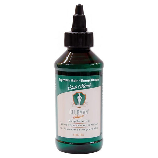 Clubman Club Mend Bump Repair Gel 4 oz in a clear tube, designed for quick bump and scar repair, by Pasteur Pharmacy.