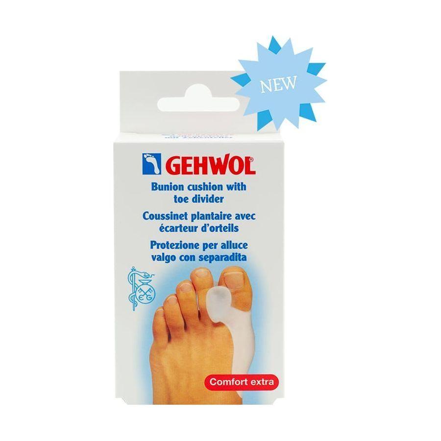 Gehwol bunion cushion with toe divider from Pasteur Pharmacy, soft gel pad supporting bunion relief and toe separation.