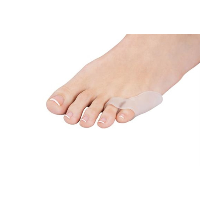 Pedifix Visco-Gel Little Toe Buddy Bunion Guard on a toe, made of soft gel material, designed to protect bunions and provide comfort.