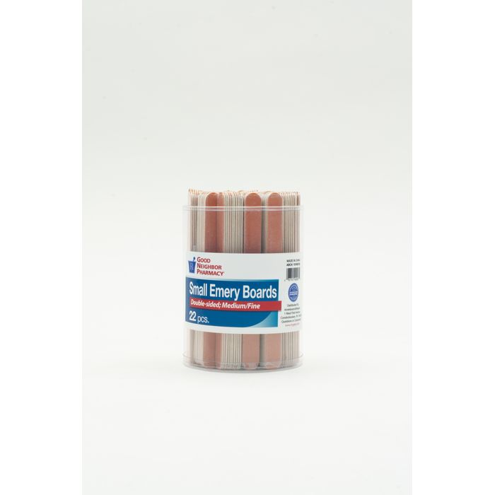 Bus tub of 10 pasteur pharmacy emery boards for nails, arranged in a clear plastic container with 22 packs.