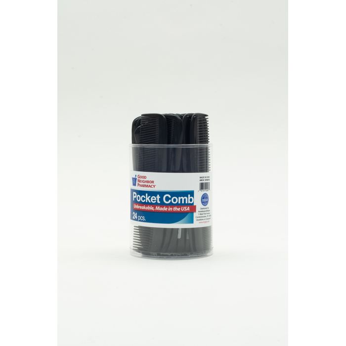 Pack of 24 Good Neighbor Pharmacy Pocket Comb Bus Tubs by Pasteur Pharmacy, compact hair combs in a plastic tub.