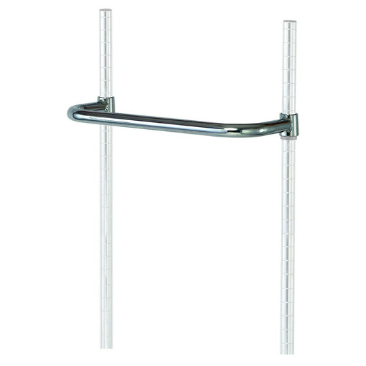 Set of 10 21-inch chrome safety push handles for wire shelving carts from Pasteur Pharmacy, ideal for industrial storage.