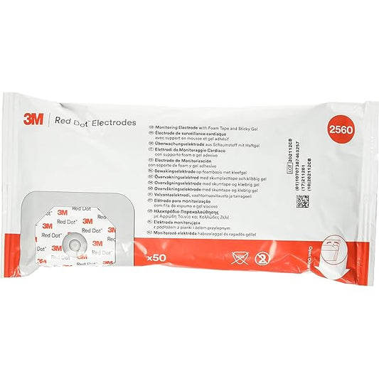 3M Red Dot Monitoring Electrodes with tape and gel, large case of 500, used for medical monitoring and diagnostics.