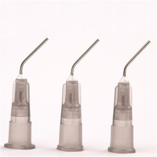 Grey dispenser tip caps for industrial use, pre-bent and self-righting, 100-pack for precise liquid dispensing.