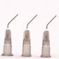 Grey dispenser tip caps for industrial use, pre-bent and self-righting, 100-pack for precise liquid dispensing.