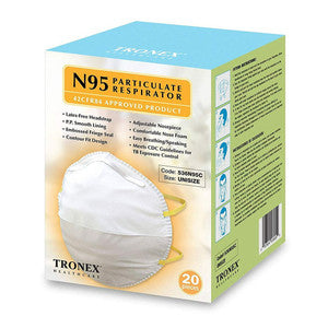 Pack of 20 Tronex N95 particulate respirator masks by Pasteur Pharmacy, NIOSH approved, one size fits most, industrial safety gear