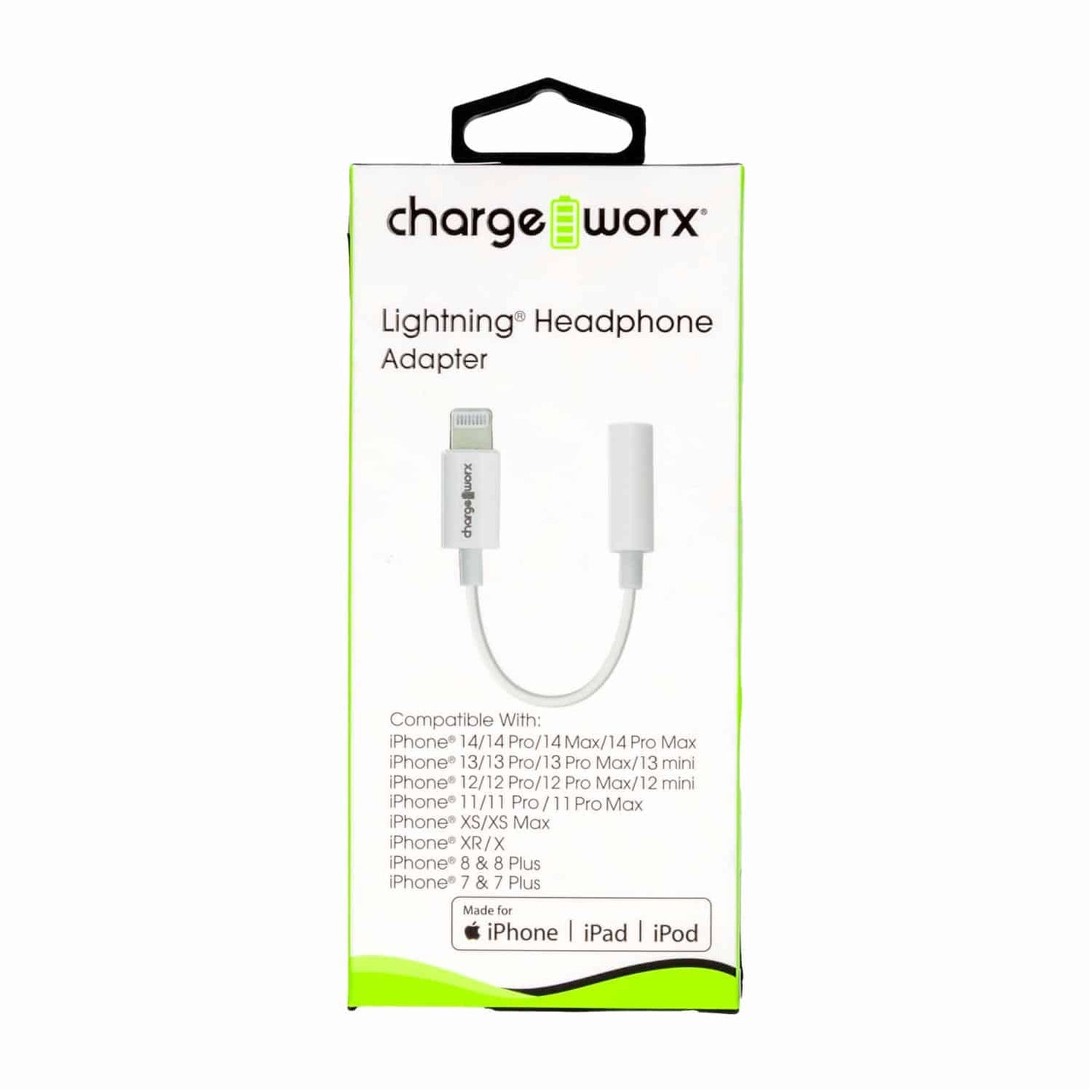 Charge Worx Lightning to 3.5 mm headphone adapter cable, compatible with Apple devices, shown in close-up view.