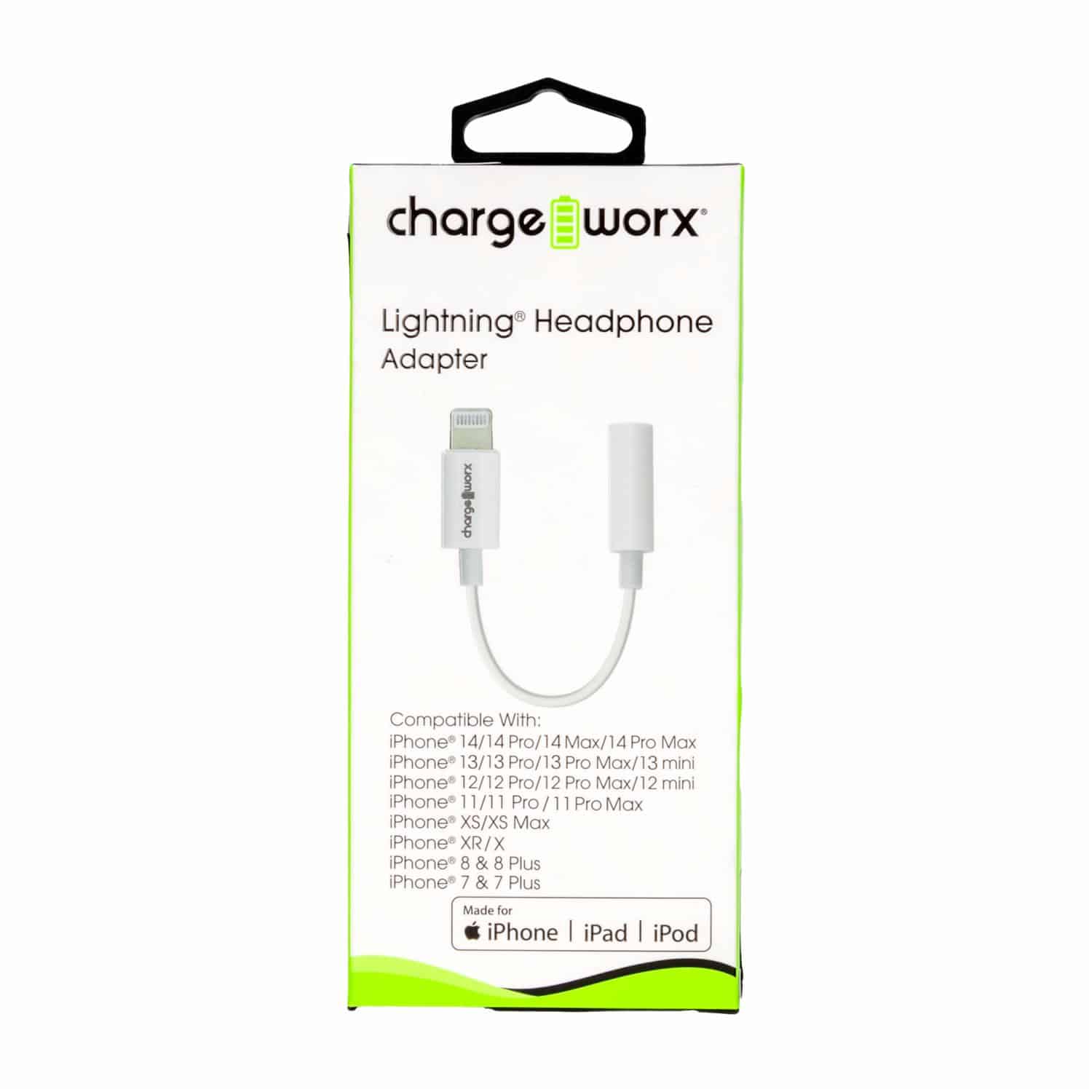 Charge Worx Lightning to 3.5 mm headphone adapter cable, compatible with Apple devices, shown in close-up view.