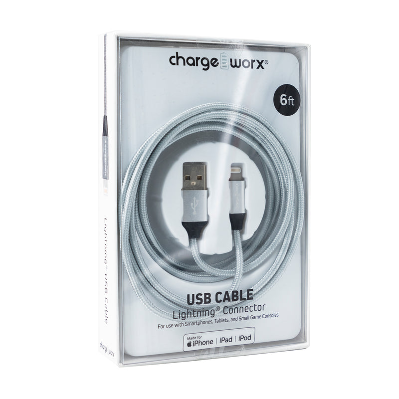 Metallic Charge Worx USB-C cable with braided design, shown connected to a device, highlighting durable, fast-charging capabilities.