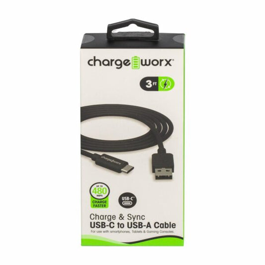 Charge Worxs CX4626BK 3ft USB-C to USB-A sync cable in black, shown with USB connectors and cable length details.