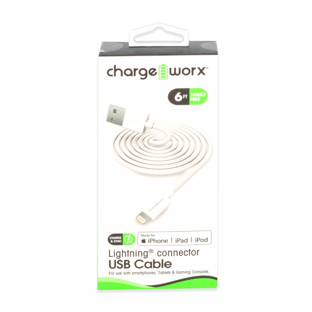 White Chargeworx Lightning cable, 6ft long, designed for Apple devices, shown coiled on a neutral background.