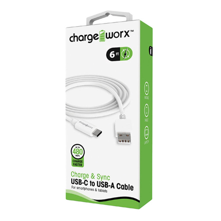 Chargeworx USB-A to USB-C 6ft white cable from Pasteur Pharmacy, showing the length and connector design.