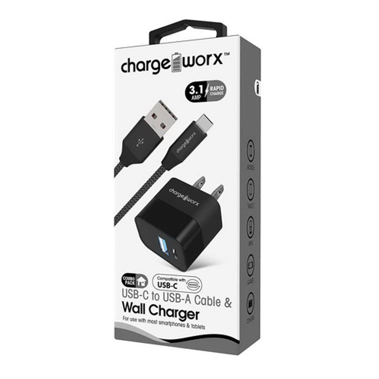 Chargeworx black USB and USB-C wall charger with USB-C cable, featuring compact design and durable construction.