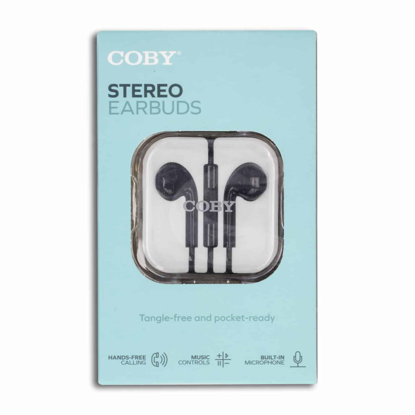 Coby wired earbuds with black cables and inline microphone, designed for clear audio and comfortable fit.