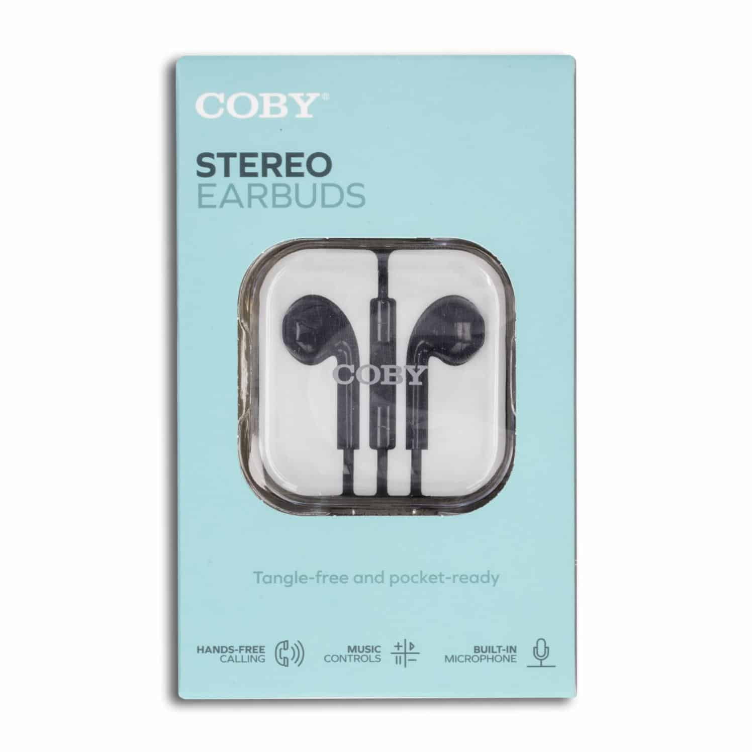 Coby wired earbuds with black cables and inline microphone, designed for clear audio and comfortable fit.