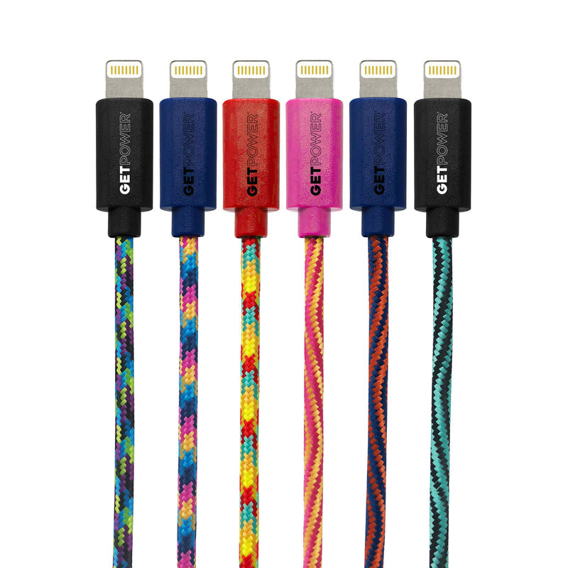 GetPower 10 ft. multi-color braided Lightning USB charging and sync cable, durable and flexible for Apple devices.
