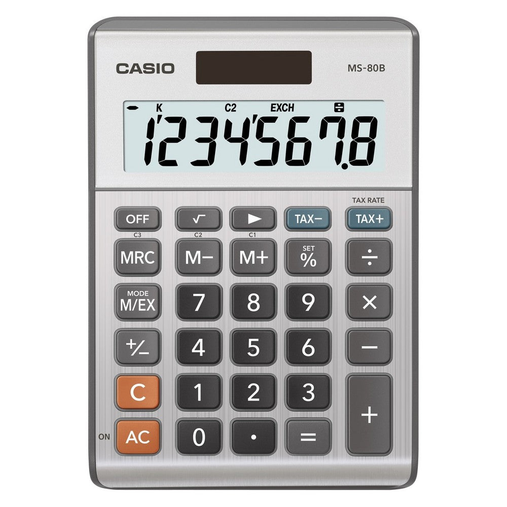 Casio MS80 desktop solar tax calculator with a compact design and solar-powered display, ideal for quick calculations.
