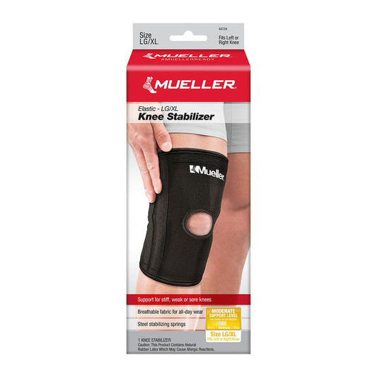 Mueller Elastic Knee Stabilizer in Moderate Large/X-Large size, supports and stabilizes the knee with adjustable elastic straps.