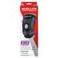 Black Mueller self-adjusting knee stabilizer, adjustable support for knee injury recovery, one size fits most, shown in black color.