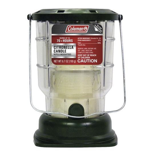 Coleman citronella candle lantern by Pasteur Pharmacy, 6.7 oz outdoor mosquito-repelling candle with metal handle and glass enclosure.