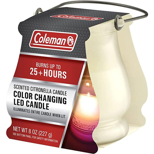 Coleman citronella candle with LED color-changing feature, 8 oz, providing outdoor insect repellent and ambient lighting.