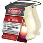 Coleman citronella candle with LED color-changing feature, 8 oz, providing outdoor insect repellent and ambient lighting.