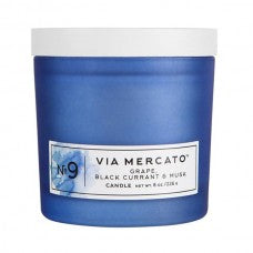 Blackcurrant and musk scented candle from Via Mercato, 8 oz size, by Pasteur Pharmacy with elegant black and gold packaging.