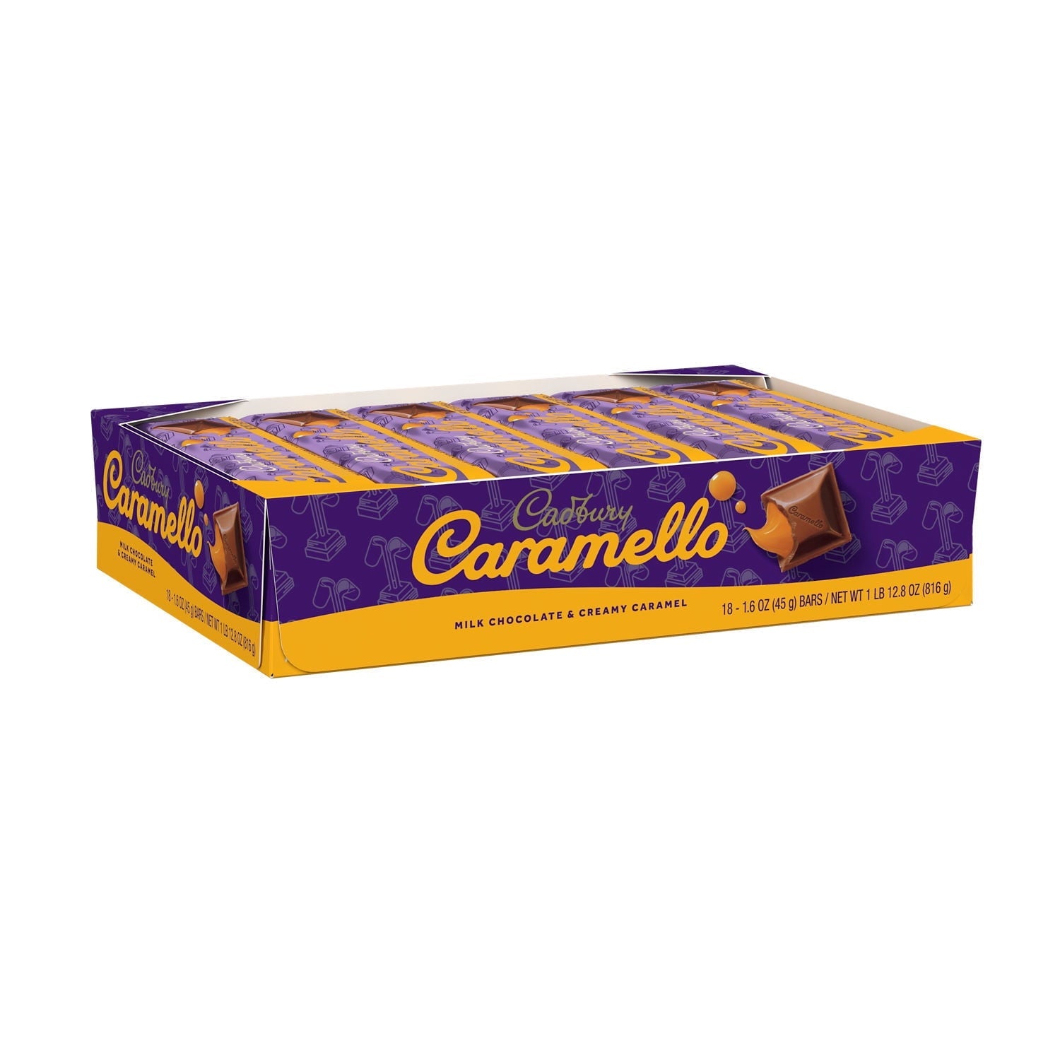 Cadbury Caramello Candy Bars in an 18-count display box, chocolate and caramel treat from Pasteur Pharmacy.