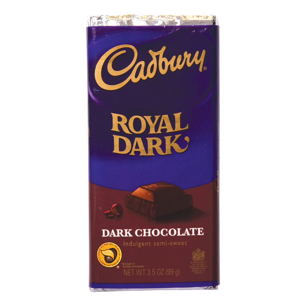 Cadbury Royal Dark Chocolate Candy Bar, 3.5 oz, featuring rich dark chocolate with smooth texture and iconic packaging.