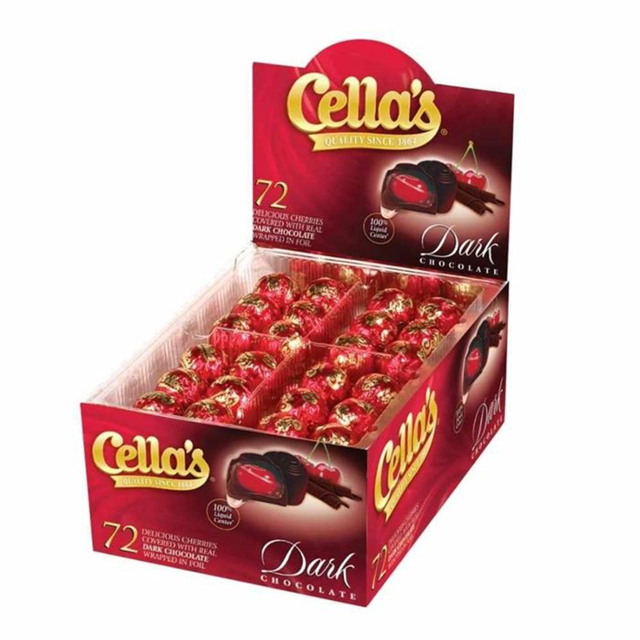Dark chocolate-covered cherries in a 72-count box by Cella, a delicious candy treat from Pasteur Pharmacy.