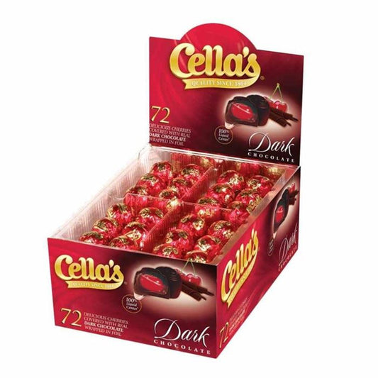 Dark chocolate-covered cherries in a 72-count box by Cella, a delicious candy treat from Pasteur Pharmacy.