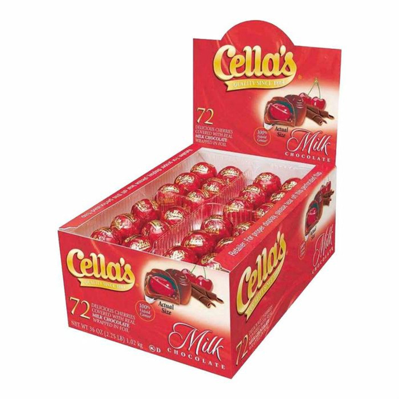 Box of Cella's® Milk Chocolate Covered Cherries in a 72-count package, featuring glossy milk chocolate coating and red cherries inside.