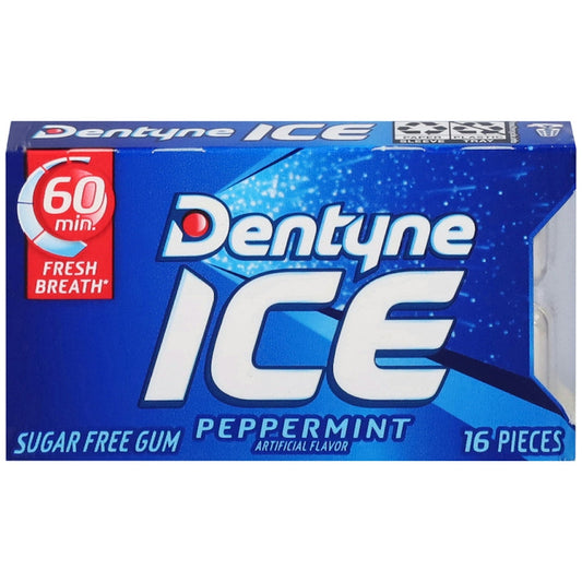 Dentyne Ice Peppermint sugar-free gum in a pack, featuring mint-flavored chewing gum from Pasteur Pharmacy.
