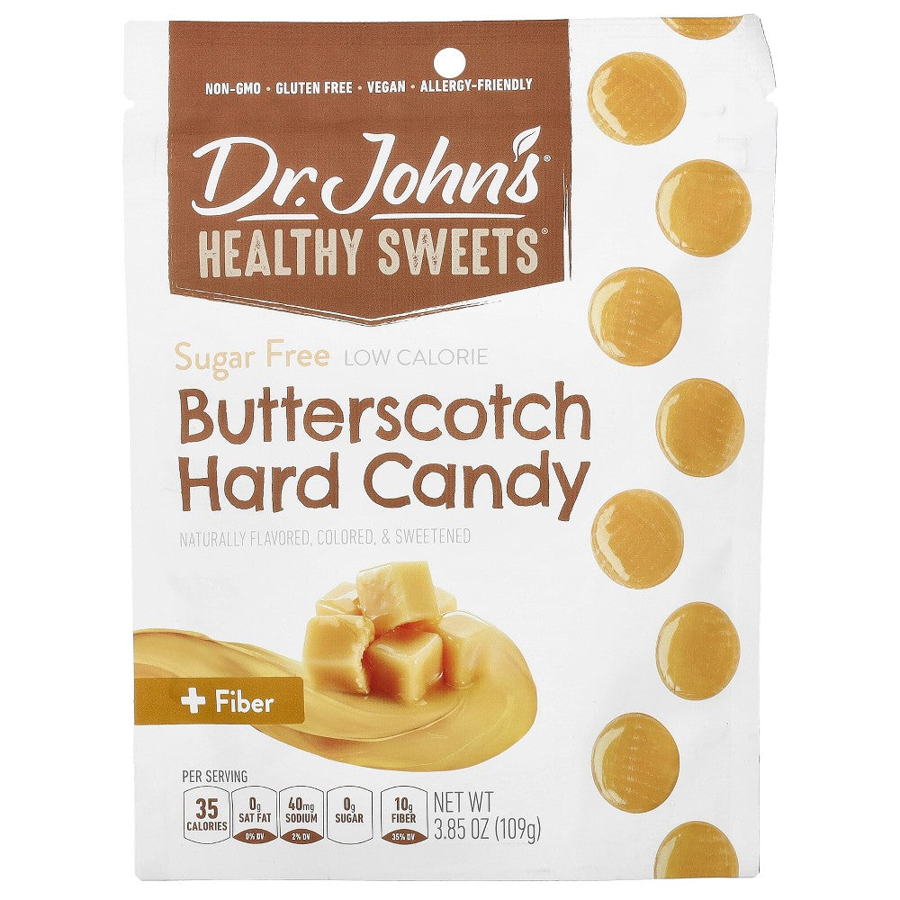 Dr. John's Healthy Sweets Butterscotch hard candy from Pasteur Pharmacy, sugar-free with added fiber, in a 3.85 oz package.