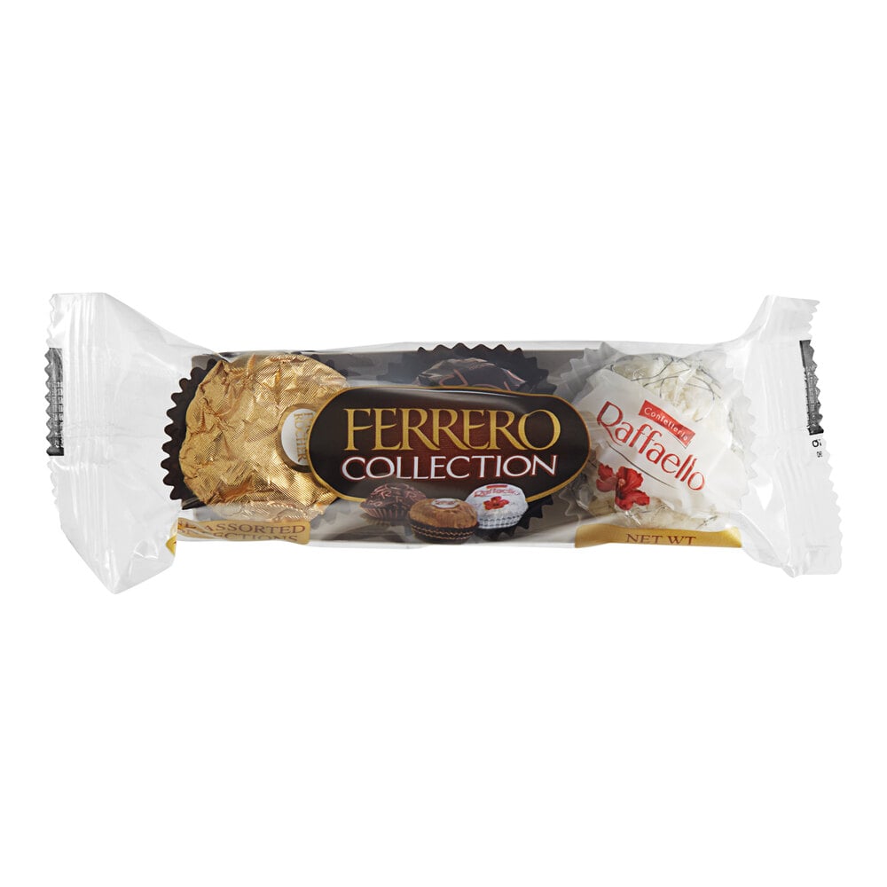 Ferrero Rocher Collection candy variety pack with three chocolates, featuring gold-wrapped hazelnut chocolates and assorted flavors.