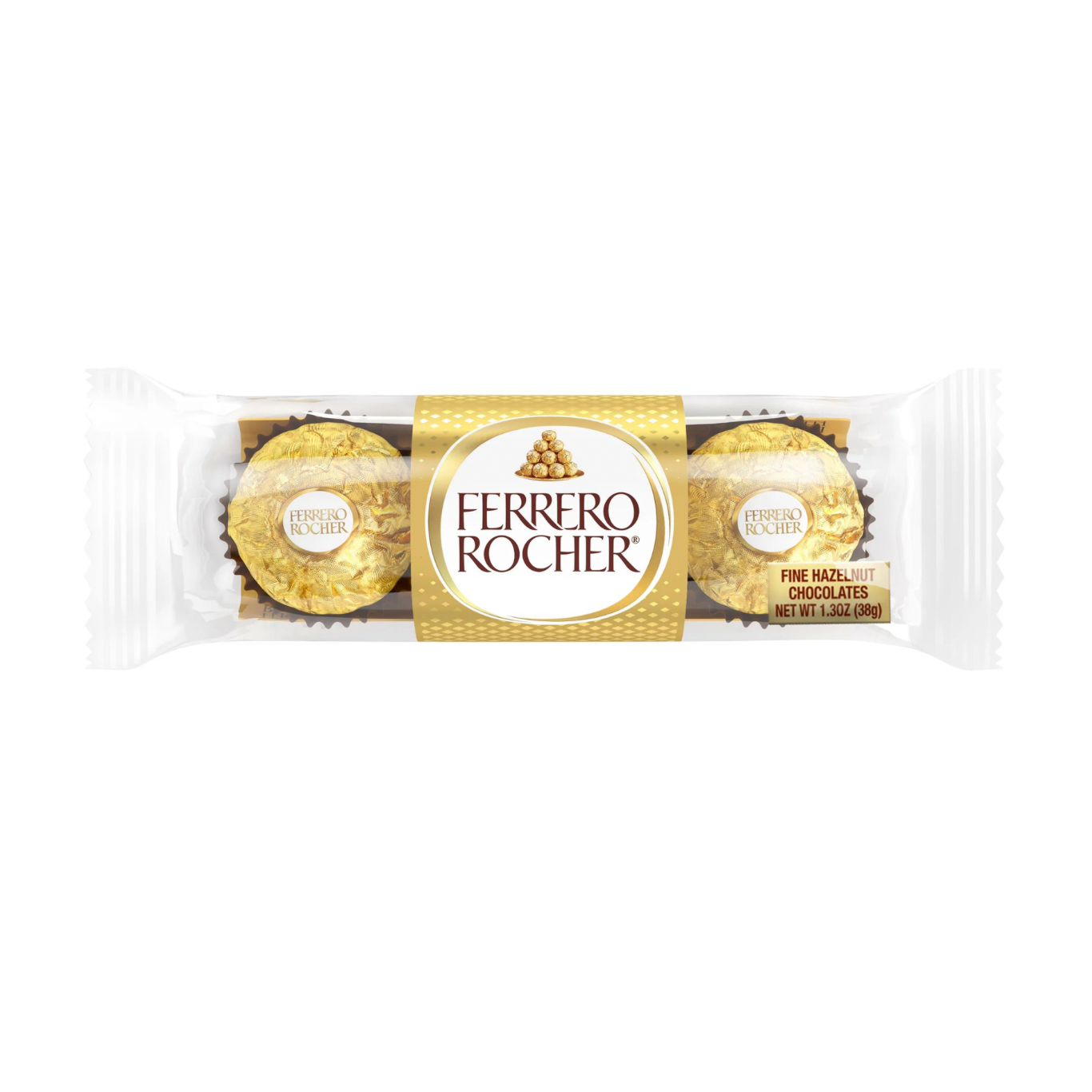 Ferrero Rocher Fine Hazelnut Chocolates in a 3-count, 1.3oz each, featuring chocolates with hazelnut filling and golden foil wrapping.