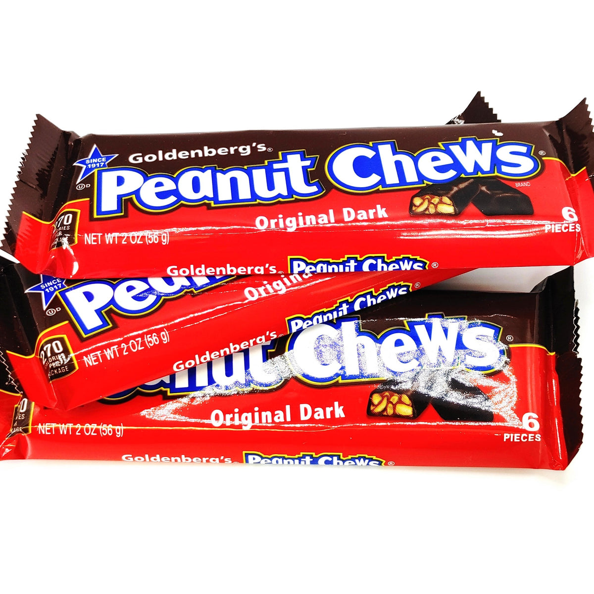 Goldenberg's Original Dark Chocolate Peanut Chews in 2 oz package, showcasing rich dark chocolate coating and peanut filling.