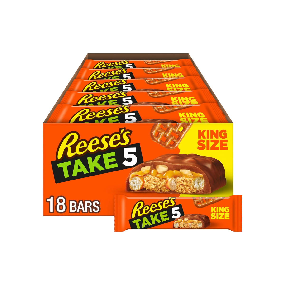 Hershey's Take 5 snack bars with five layers of chocolate, caramel, and peanuts, 1.5 oz, pack of 18, candy and chocolate product