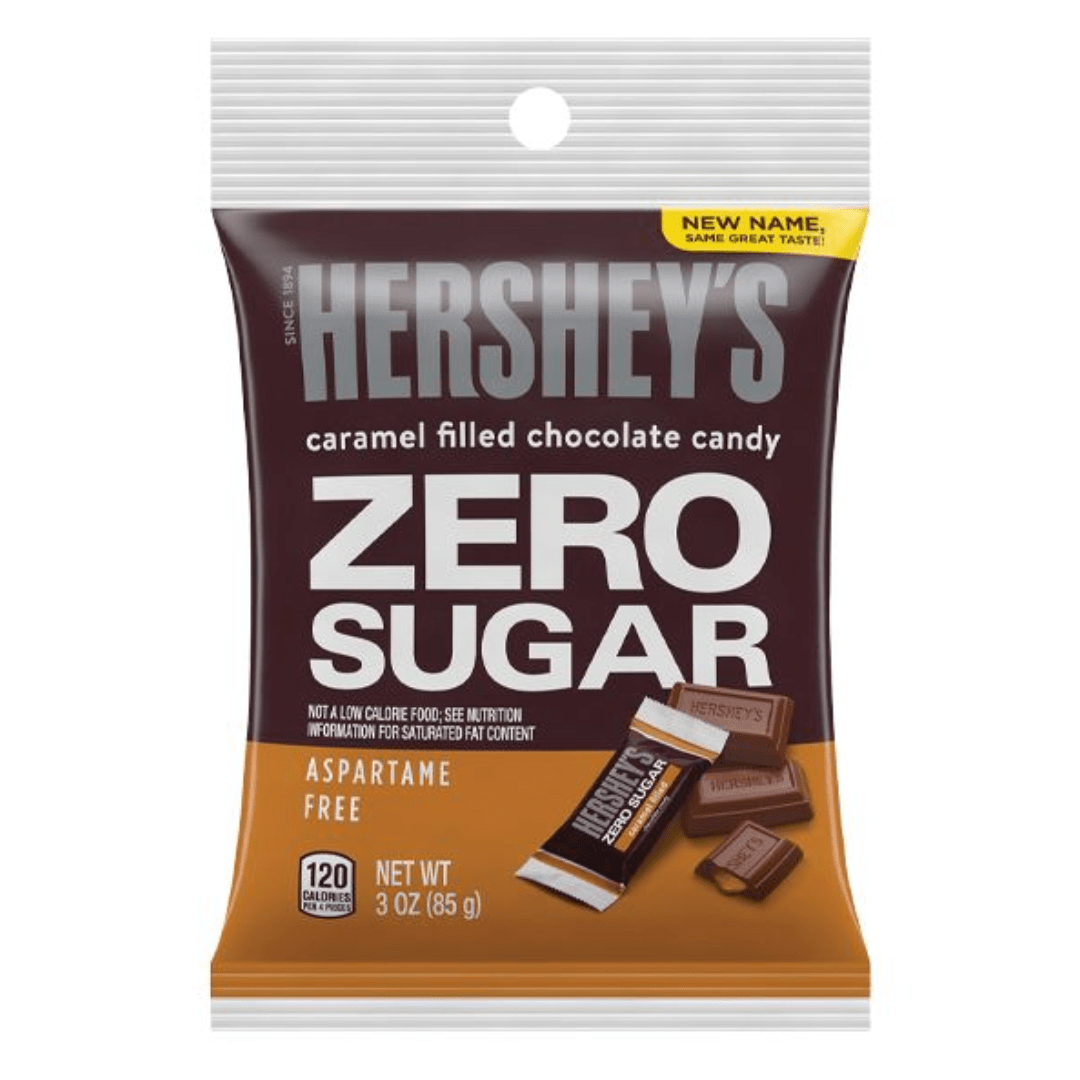 Hershey's Zero Sugar Caramel Filled Chocolate Candy in a 3 oz bag, featuring smooth caramel filling inside milk chocolate.