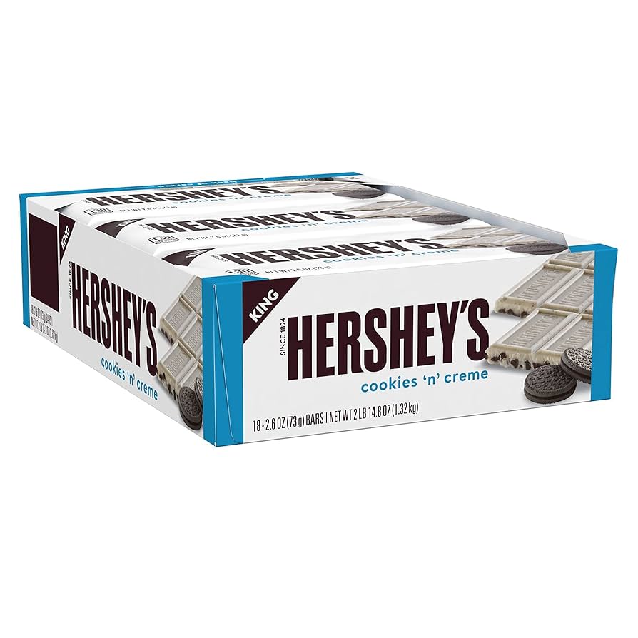 Hershey's Cookies 'n' Cream candy and chocolate bars, 36-pack, manufactured by Pasteur Pharmacy, with creamy cookies and white chocolate.