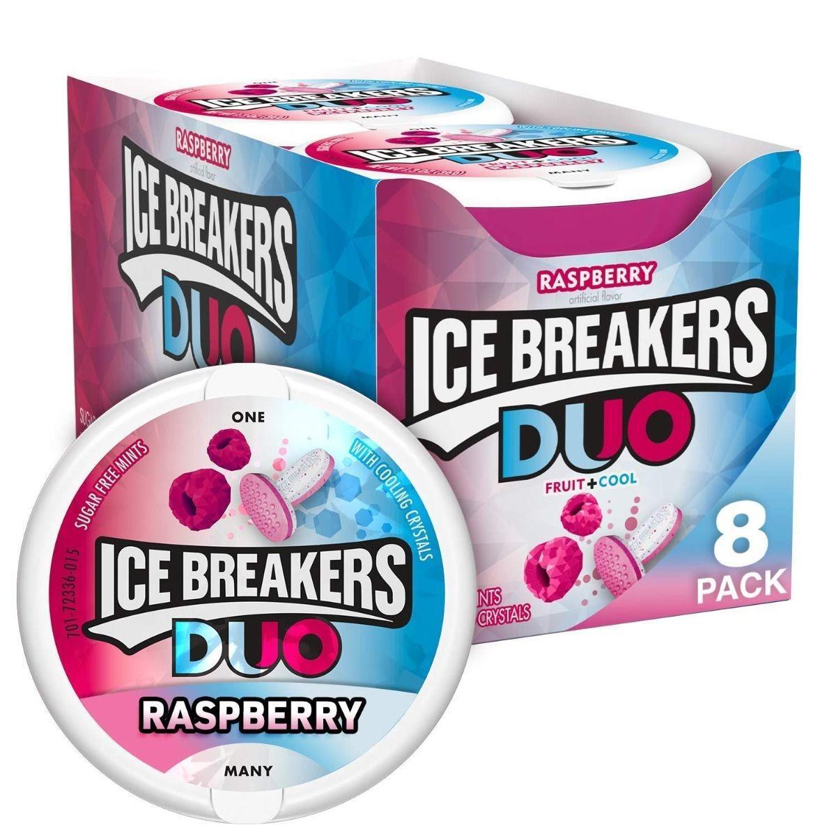 Eight tins of Ice Breakers Duo Raspberry Sugar-Free Mints by Pasteur Pharmacy, 1.3 oz each, displayed in a box.