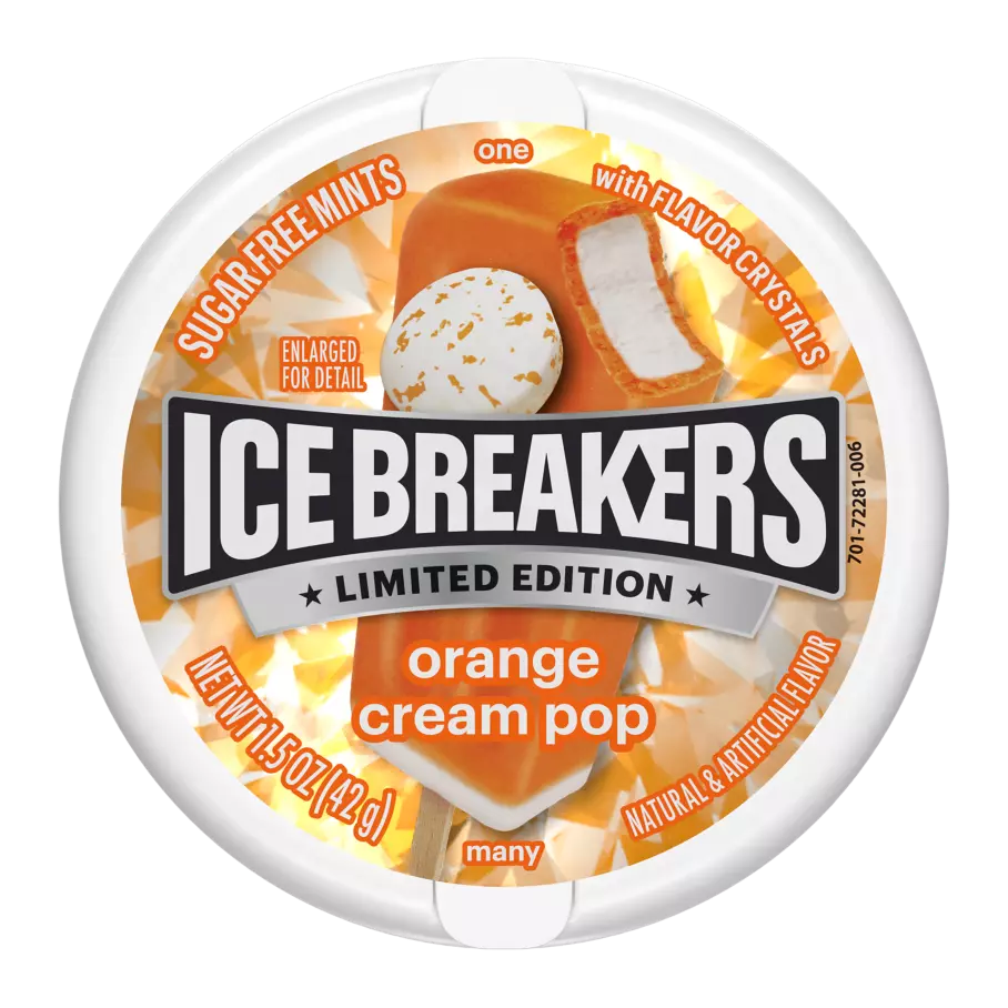 Ice Breakers Orange Cream Pop sugar-free mints in 1.5 oz package, featuring bright orange and cream-colored candies