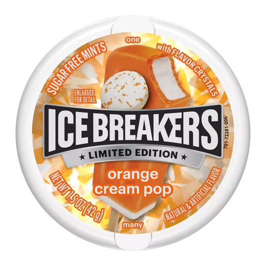 Ice Breakers Orange Cream Pop sugar-free mints in 1.5 oz package, featuring bright orange and cream-colored candies