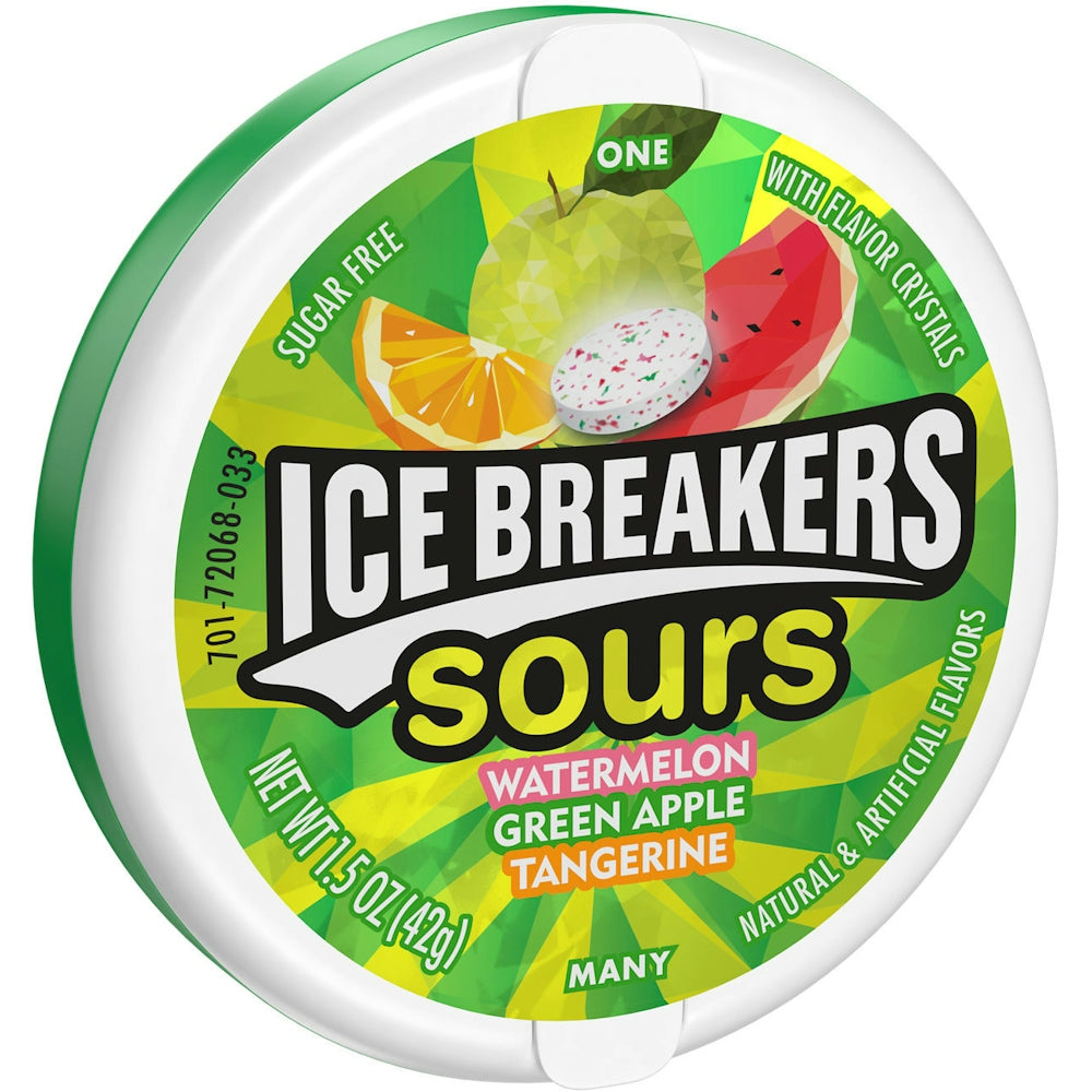 Ice Breakers Sours breath mints in watermelon, green apple, and tangerine flavors, sugar-free candy from Pasteur Pharmacy.