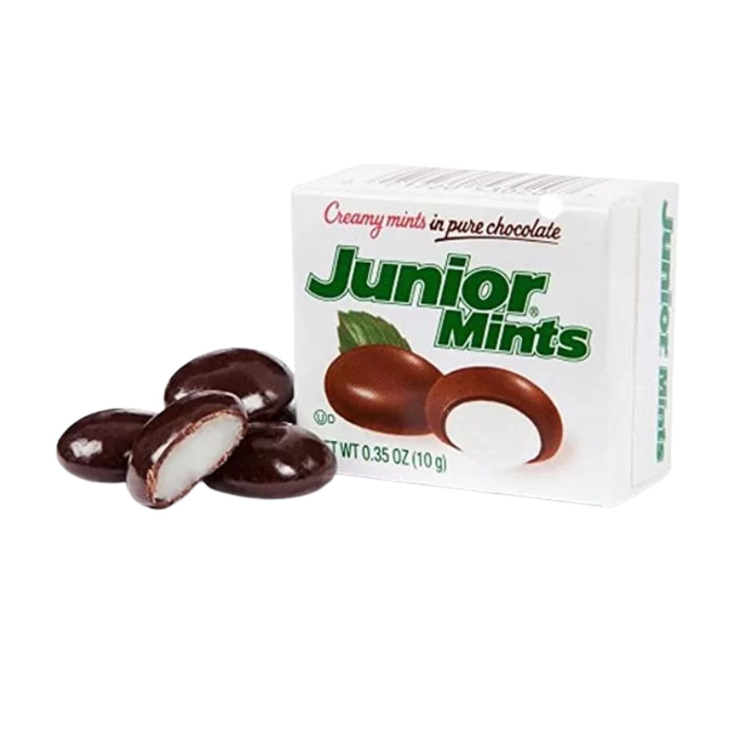 Junior Mints 0.5 oz box of candy and chocolate by Pasteur Pharmacy, showing the small box with mint-filled chocolates inside.